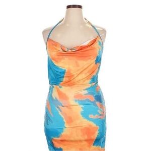 Blue and Orange Tie-Dye Halter Bodycon Dress